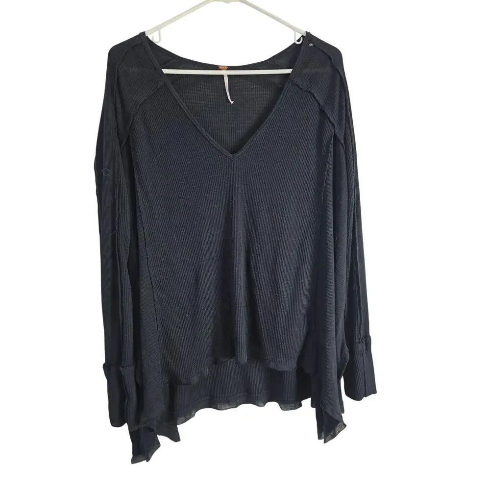 Free People Ribbed Long Sleeve Shirt S Womens Black Pullover Basic Stretchy - Picture 1 of 5
